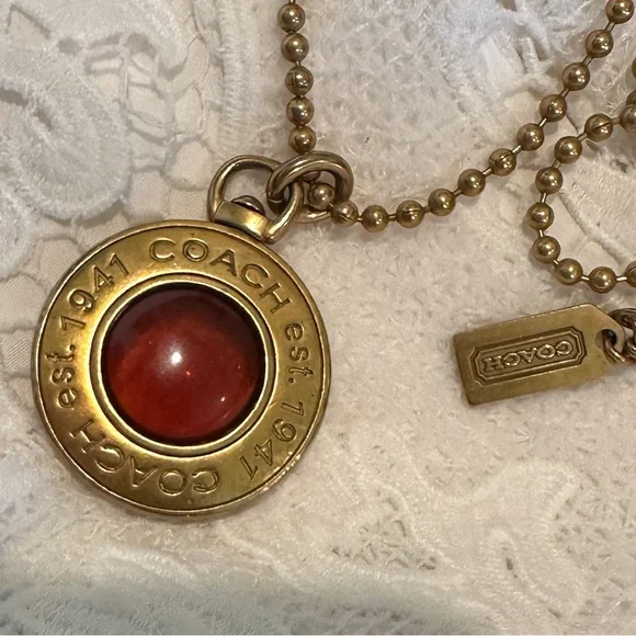 Coach Logo Pendant In Gold Tone with Amber Glass Center on Gold Tone Chain - Picture 1 of 16